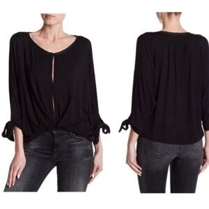 Free People Keepin On Tie Sleeve Top Blouse Button Front Black Long Sleeve Small